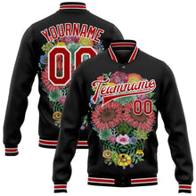 Laden Sie das Bild in den Galerie-Viewer, Uksn Individuelles Bomberjacke in Schwarz-Rot-Weiß mit 3D-Totenkopf mit Blumen, Druckknopfleiste und Varsity-Letterman-Stil