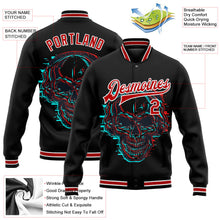 Laden Sie das Bild in den Galerie-Viewer, Uksn Individuelles Bomberjacke in Schwarz-Rot-Weiß mit 3D-Totenkopf mit Kopfhörern, Druckknopfleiste und Varsity-Letterman-Stil