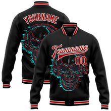 Laden Sie das Bild in den Galerie-Viewer, Uksn Individuelles Bomberjacke in Schwarz-Rot-Weiß mit 3D-Totenkopf mit Kopfhörern, Druckknopfleiste und Varsity-Letterman-Stil