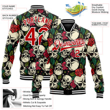 Laden Sie das Bild in den Galerie-Viewer, Uksn Individuelles Bomberjacke in Schwarz-Rot-Weiß mit 3D-Totenkopf und Rose, Druckknopfleiste und Varsity-Letterman-Stil