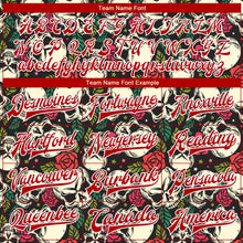 Laden Sie das Bild in den Galerie-Viewer, Uksn Individuelles Bomberjacke in Schwarz-Rot-Weiß mit 3D-Totenkopf und Rose, Druckknopfleiste und Varsity-Letterman-Stil