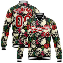 Laden Sie das Bild in den Galerie-Viewer, Uksn Individuelles Bomberjacke in Schwarz-Rot-Weiß mit 3D-Totenkopf und Rose, Druckknopfleiste und Varsity-Letterman-Stil