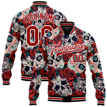 Laden Sie das Bild in den Galerie-Viewer, Uksn Individuelles Bomberjacke in Schwarz-Rot-Weiß mit 3D-Totenkopf mit Blume, Druckknopfleiste und Varsity-Letterman-Stil