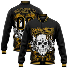 Laden Sie das Bild in den Galerie-Viewer, Uksn Individuelles Bomberjacke in Schwarz-Altgold mit 3D-Totenkopf mit Flügel, Druckknopfleiste und Varsity-Letterman-Stil