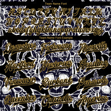 Laden Sie das Bild in den Galerie-Viewer, Uksn Individuelles Bomberjacke in Schwarz-Altgold mit 3D-Totenkopf mit Pfingstrosen, Druckknopfleiste und Varsity-Letterman-Stil