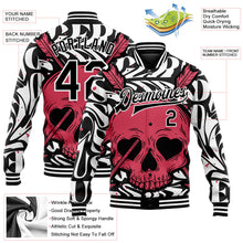 Laden Sie das Bild in den Galerie-Viewer, Uksn Individuelles Bomberjacke in Schwarz-Weiß-Pink mit 3D-Totenkopf mit herzförmigen Augen, Druckknopfleiste und Varsity-Letterman-Stil