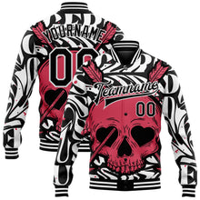 Laden Sie das Bild in den Galerie-Viewer, Uksn Individuelles Bomberjacke in Schwarz-Weiß-Pink mit 3D-Totenkopf mit herzförmigen Augen, Druckknopfleiste und Varsity-Letterman-Stil