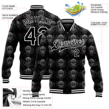 Laden Sie das Bild in den Galerie-Viewer, Uksn Individuelles Bomberjacke in Schwarz-Weiß mit 3D-Totenkopf-Design, Druckknopfleiste und Varsity-Letterman-Stil