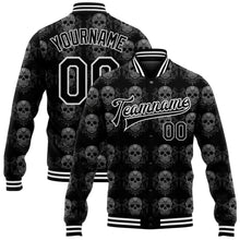 Laden Sie das Bild in den Galerie-Viewer, Uksn Individuelles Bomberjacke in Schwarz-Weiß mit 3D-Totenkopf-Design, Druckknopfleiste und Varsity-Letterman-Stil