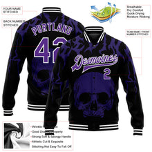 Laden Sie das Bild in den Galerie-Viewer, Uksn Individuelles Bomberjacke in Schwarz-Violett-Weiß mit 3D-Totenkopf-Design, Druckknopfleiste und Varsity-Letterman-Stil