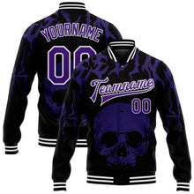 Laden Sie das Bild in den Galerie-Viewer, Uksn Individuelles Bomberjacke in Schwarz-Violett-Weiß mit 3D-Totenkopf-Design, Druckknopfleiste und Varsity-Letterman-Stil