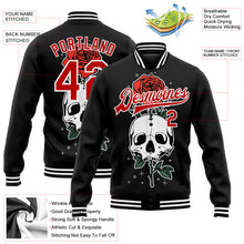 Laden Sie das Bild in den Galerie-Viewer, Uksn Individuelles Bomberjacke in Schwarz-Rot-Weiß mit 3D-Totenkopf mit Blume, Druckknopfleiste und Varsity-Letterman-Stil