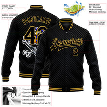 Laden Sie das Bild in den Galerie-Viewer, Uksn Individuelles Bomberjacke in Schwarz-Altgold mit 3D-Totenkopf mit goldener Krone und gekreuzten Knochen, Druckknopfleiste und Varsity-Letterman-Stil