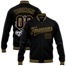 Laden Sie das Bild in den Galerie-Viewer, Uksn Individuelles Bomberjacke in Schwarz-Altgold mit 3D-Totenkopf mit goldener Krone und gekreuzten Knochen, Druckknopfleiste und Varsity-Letterman-Stil