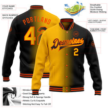 Laden Sie das Bild in den Galerie-Viewer, Uksn Individuelles Bomberjacke in Schwarz-Gold-Orange mit Farbverlauf-Design, Druckknopfleiste und Varsity-Letterman-Stil