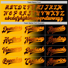 Laden Sie das Bild in den Galerie-Viewer, Uksn Individuelles Bomberjacke in Schwarz-Gold-Orange mit Farbverlauf-Design, Druckknopfleiste und Varsity-Letterman-Stil