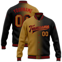 Laden Sie das Bild in den Galerie-Viewer, Uksn Individuelles Bomberjacke in Schwarz-Altgold-Rot mit Farbverlauf-Design, Druckknopfleiste und Varsity-Letterman-Stil