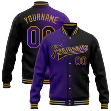 Laden Sie das Bild in den Galerie-Viewer, Uksn Individuelles Bomberjacke in Schwarz-Violett-Altgold mit Farbverlauf-Design, Druckknopfleiste und Varsity-Letterman-Stil