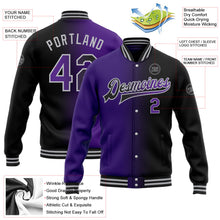 Laden Sie das Bild in den Galerie-Viewer, Uksn Individuelles Bomberjacke in Schwarz-Violett-Grau mit Farbverlauf-Design, Druckknopfleiste und Varsity-Letterman-Stil