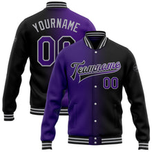 Laden Sie das Bild in den Galerie-Viewer, Uksn Individuelles Bomberjacke in Schwarz-Violett-Grau mit Farbverlauf-Design, Druckknopfleiste und Varsity-Letterman-Stil