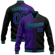 Laden Sie das Bild in den Galerie-Viewer, Uksn Individuelles Bomberjacke in Schwarz-Violett-Petrol mit Farbverlauf-Design, Druckknopfleiste und Varsity-Letterman-Stil