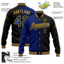 Laden Sie das Bild in den Galerie-Viewer, Uksn Individuelles Bomberjacke in Schwarz-Royalblau-Gold mit Farbverlauf-Design, Druckknopfleiste und Varsity-Letterman-Stil