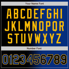 Laden Sie das Bild in den Galerie-Viewer, Uksn Individuelles Bomberjacke in Schwarz-Royalblau-Gold mit Farbverlauf-Design, Druckknopfleiste und Varsity-Letterman-Stil