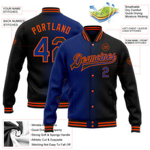 Laden Sie das Bild in den Galerie-Viewer, Uksn Individuelles Bomberjacke in Schwarz-Royalblau-Orange mit Farbverlauf-Design, Druckknopfleiste und Varsity-Letterman-Stil