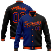 Laden Sie das Bild in den Galerie-Viewer, Uksn Individuelles Bomberjacke in Schwarz-Royalblau-Orange mit Farbverlauf-Design, Druckknopfleiste und Varsity-Letterman-Stil