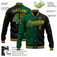 Laden Sie das Bild in den Galerie-Viewer, Uksn Individuelles Bomberjacke in Schwarz-Kelly-Grün-Gold mit Farbverlauf-Design, Druckknopfleiste und Varsity-Letterman-Stil