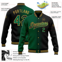 Laden Sie das Bild in den Galerie-Viewer, Uksn Individuelles Bomberjacke in Schwarz-Kelly-Grün-Altgold mit Farbverlauf-Design, Druckknopfleiste und Varsity-Letterman-Stil