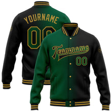 Laden Sie das Bild in den Galerie-Viewer, Uksn Individuelles Bomberjacke in Schwarz-Kelly-Grün-Altgold mit Farbverlauf-Design, Druckknopfleiste und Varsity-Letterman-Stil