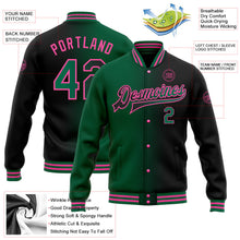 Laden Sie das Bild in den Galerie-Viewer, Uksn Individuelles Bomberjacke in Schwarz-Kelly-Grün-Pink mit Farbverlauf-Design, Druckknopfleiste und Varsity-Letterman-Stil