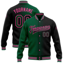 Laden Sie das Bild in den Galerie-Viewer, Uksn Individuelles Bomberjacke in Schwarz-Kelly-Grün-Pink mit Farbverlauf-Design, Druckknopfleiste und Varsity-Letterman-Stil