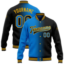 Laden Sie das Bild in den Galerie-Viewer, Uksn Individuelles Bomberjacke in Schwarz-Puderblau-Gold mit Farbverlauf-Design, Druckknopfleiste und Varsity-Letterman-Stil