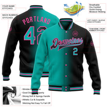 Laden Sie das Bild in den Galerie-Viewer, Uksn Individuelles Bomberjacke in Schwarz-Aqua-Pink mit Farbverlauf-Design, Druckknopfleiste und Varsity-Letterman-Stil