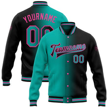 Laden Sie das Bild in den Galerie-Viewer, Uksn Individuelles Bomberjacke in Schwarz-Aqua-Pink mit Farbverlauf-Design, Druckknopfleiste und Varsity-Letterman-Stil
