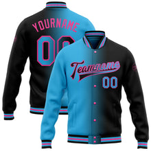 Laden Sie das Bild in den Galerie-Viewer, Uksn Individuelles Bomberjacke in Schwarz-Himmelblau-Pink mit Farbverlauf-Design, Druckknopfleiste und Varsity-Letterman-Stil