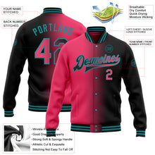 Laden Sie das Bild in den Galerie-Viewer, Uksn Individuelles Bomberjacke in Schwarz-Neonpink-Petrol mit Farbverlauf-Design, Druckknopfleiste und Varsity-Letterman-Stil