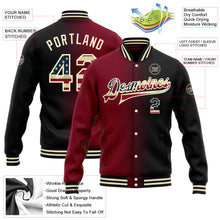 Laden Sie das Bild in den Galerie-Viewer, Uksn Individuelles Bomberjacke in Schwarz-Karmesinrot-Creme mit Vintage-USA-Flagge, Farbverlauf-Design, Druckknopfleiste und Varsity-Letterman-Stil