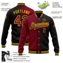 Laden Sie das Bild in den Galerie-Viewer, Uksn Individuelles Bomberjacke in Schwarz-Karmesinrot-Gold mit Farbverlauf-Design, Druckknopfleiste und Varsity-Letterman-Stil
