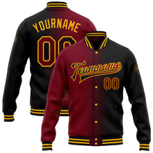 Laden Sie das Bild in den Galerie-Viewer, Uksn Individuelles Bomberjacke in Schwarz-Karmesinrot-Gold mit Farbverlauf-Design, Druckknopfleiste und Varsity-Letterman-Stil