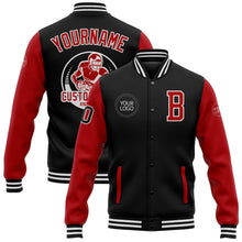 Laden Sie das Bild in den Galerie-Viewer, Uksn Individuelles Bomberjacke in Schwarz-Rot-Weiß mit Druckknopfleiste, Zweifarben-Design und Varsity-Letterman-Stil