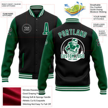 Laden Sie das Bild in den Galerie-Viewer, Uksn Individuelles Bomberjacke in Schwarz-Kelly-Grün-Weiß mit Druckknopfleiste, Zweifarben-Design und Varsity-Letterman-Stil
