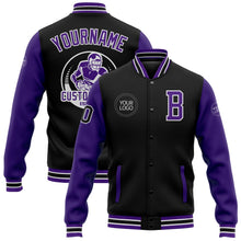 Laden Sie das Bild in den Galerie-Viewer, Uksn Individuelles Bomberjacke in Schwarz-Violett-Weiß mit Druckknopfleiste, Zweifarben-Design und Varsity-Letterman-Stil