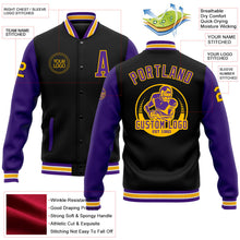 Laden Sie das Bild in den Galerie-Viewer, Uksn Individuelles Bomberjacke in Schwarz-Violett-Gold mit Druckknopfleiste, Zweifarben-Design und Varsity-Letterman-Stil