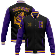 Laden Sie das Bild in den Galerie-Viewer, Uksn Individuelles Bomberjacke in Schwarz-Violett-Gold mit Druckknopfleiste, Zweifarben-Design und Varsity-Letterman-Stil
