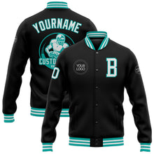 Laden Sie das Bild in den Galerie-Viewer, Uksn Individuelles Bomberjacke in Schwarz-Weiß-Aqua mit Druckknopfleiste und Varsity-Letterman-Stil