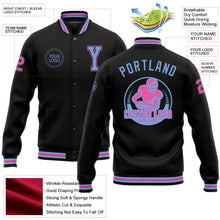Laden Sie das Bild in den Galerie-Viewer, Uksn Individuelles Bomberjacke in Schwarz-Hellblau-Pink mit Druckknopfleiste und Varsity-Letterman-Stil