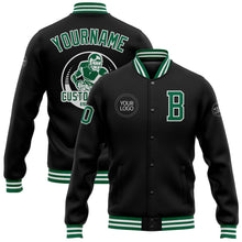 Laden Sie das Bild in den Galerie-Viewer, Uksn Individuelles Bomberjacke in Schwarz-Kelly-Grün-Weiß mit Druckknopfleiste und Varsity-Letterman-Stil